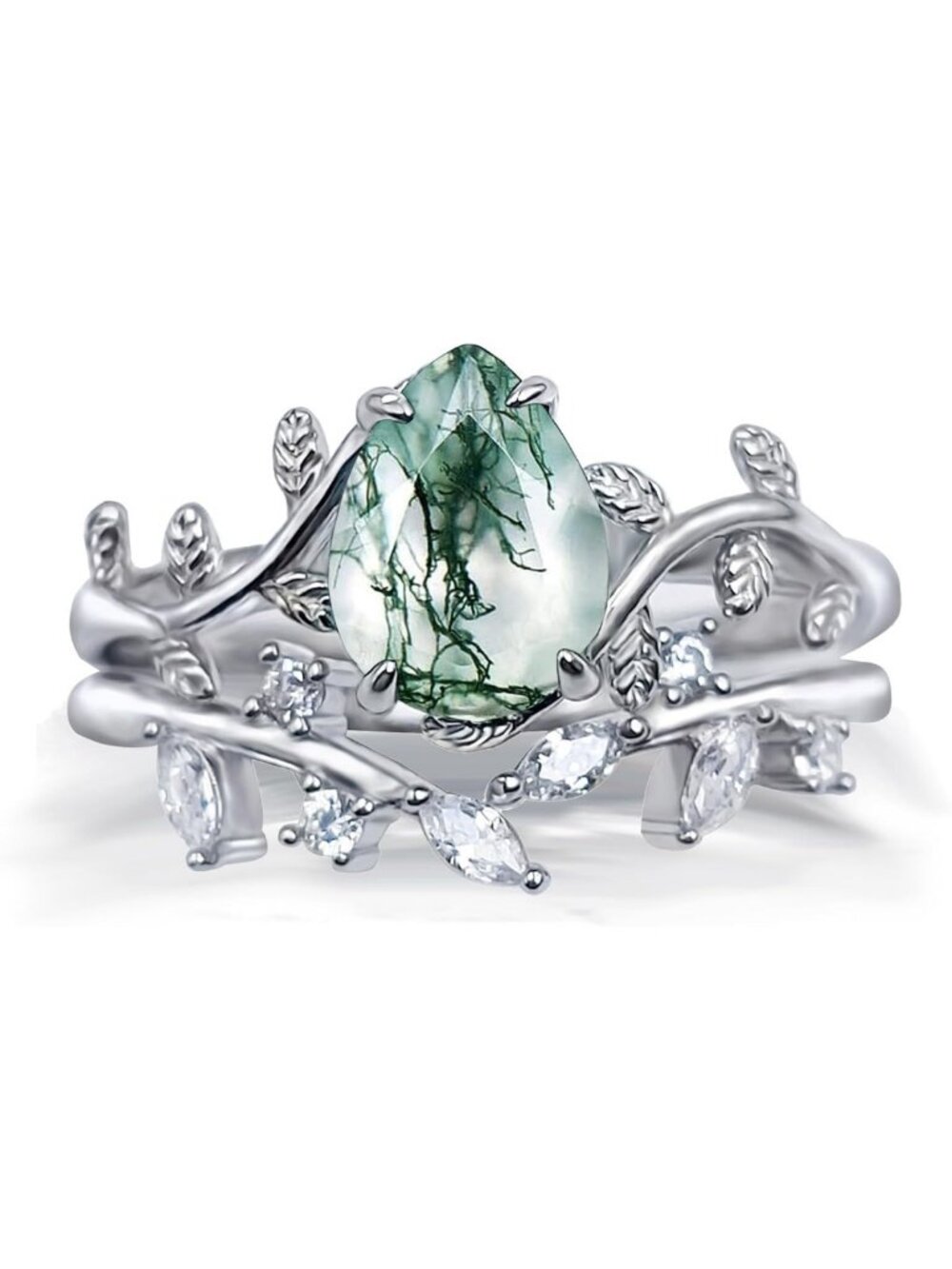Moss Agate & Pear Birthstone Ring Set in Sterling Silver - Leaf Design Jewelry